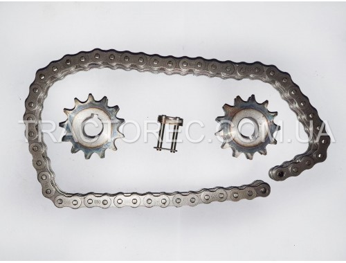 Комплект зірочок та ланцюг приводу грунтофрези мототрактора. Зірка 2 шт 13 зубів, ланцюг 12.7 крок, 50 ланок